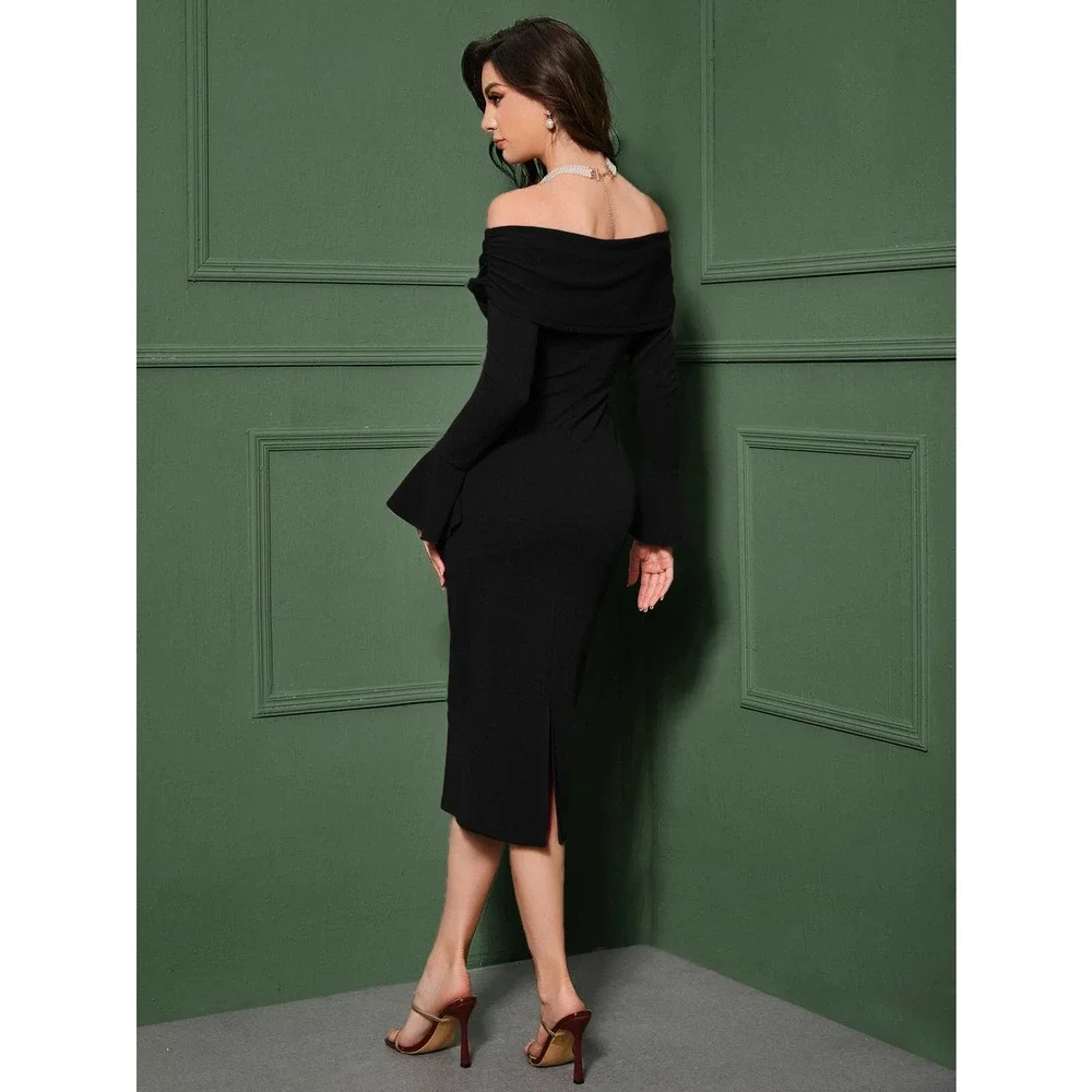 Foldover Off the Shoulder Flounce Sleeve Bodycon midi dress maroon burgundy red - Picture 7 of 11